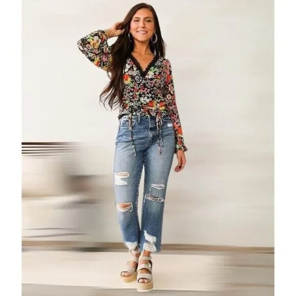 Buckle Willow & Root Floral Mesh Long Sleeve Drawstring Tie Top XS - Picture 3 of 5